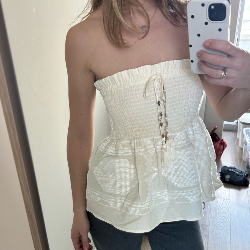 Zara Cream Strapless Smocked Peplum Camisole